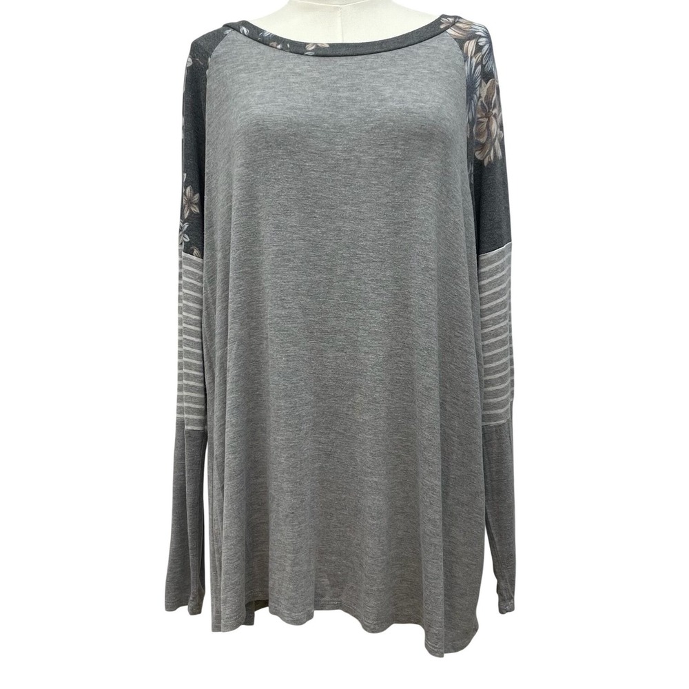 Sew In Love Boho Tunic Top XL Gray Floral Raglan‎ Sleeve Shirt